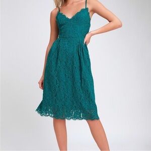 Lulu’s Royal Treatment Teal Blue Lace Skater Midi Dress Women Small Party Formal